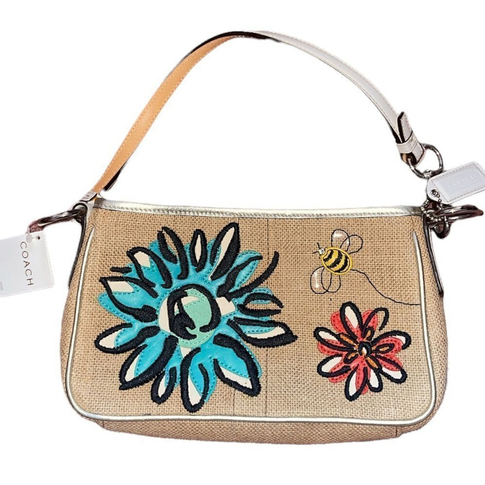 COACH | Cream Woven Flower & Bee Mini Shoulder Bag Purse